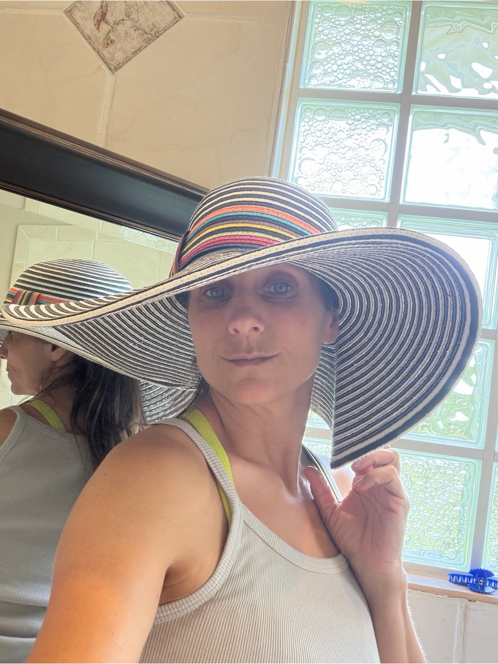 Nine West Black and White Wide-Brim Hat with Multicolor Stripe Band